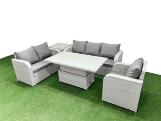Fimous Patio PE Wicker 6 Seater Outdoor Rattan Furniture Sofa Sets w/ Adjustable Lifting Dining or Coffee Table Reclining Chair Loveseat Sofa 3
