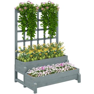 OUTSUNNY 2-Tier Wooden Raised Bed with Trellis and Drainage Holes - Grey | TJ Hughes
