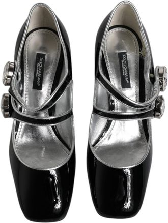 Dolce & Gabbana Womens Black Patent Leather Crystal Mary Jane Pumps Shoes Calf Lamb