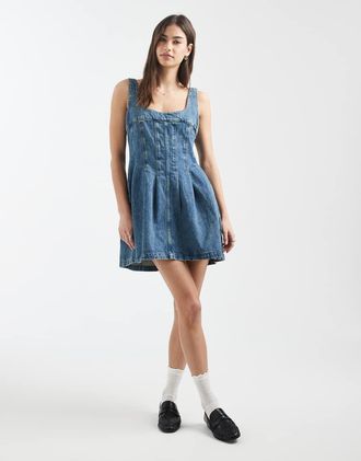 Tommy Jeans Vestito corto di jeans a corsetto lavaggio medio con cuciture-Blu