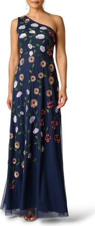 Adrianna Papell Beaded One-Shoulder Mesh Gown in Navy Multi at Nordstrom, Size 14