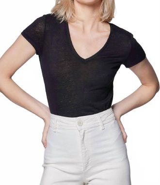 Majestic Filatures Stretch Linen Short Sleeve V-Neck Top In Black