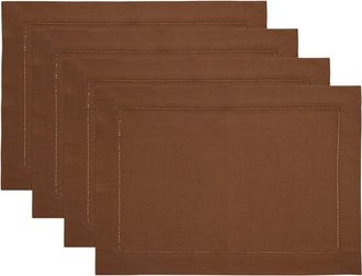 Solino Home Linen Placemats Set of 4, 14 x 19 Inch for Dining Table, Holiday and Everyday Table Decor - Classic Hemstitch in Brown at Nordstrom, Size