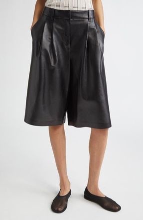 Lafayette 148 New York Sutton Pleated Leather Bermuda Shorts in Black at Nordstrom, Size 10