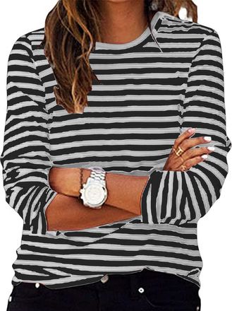 Generic Casual Long Sleeve Striped Tops for Women UK Plus Size Crewneck Colorblock Tunic Tops Cotton Lightweight Thin Jumper with Side Split White Green Blue 