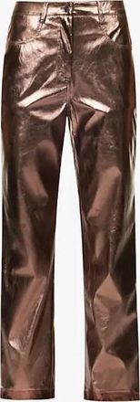 Amy Lynn Womens Lupe Metallic Patterned Straight Trousers - Brown - Size: 14/32in