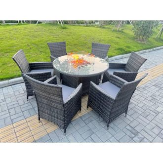 Fimous Rattan Garden Furniture with Big Round Gas Firepit Table & 6 Chairs in Dark Grey