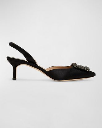 Manolo Blahnik Hangisi Kitten-Heel Satin Slingback Pumps