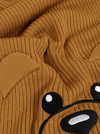 Moschino Womens Teddy Bear Embroidered Knitted Wool Scarf Brown
