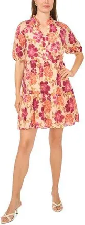Halogen Floral Short Sleeve Tiered Dress in Pink Multi at Nordstrom Rack, Size Medium