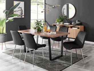 Furniturebox Kylo Large Brown Wood Effect Dining Table & 6 Pesaro Velvet Silver Leg Chairs in Black
