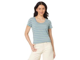 L.L.Bean Soft Stretch Supima T-Shirts Scoopneck Short-Sleeve Stripe Womens Clothing Cadet Blue/Lemon : MD, Cotton/Jersey/Modal