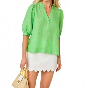 Lilly Pulitzer Mialeigh Elbow Sleeve Linen Top In Putting Green X Resort White