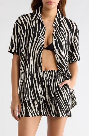 Elan Short Sleeve Button-Up Cover-Up Shirt in Black Zebra at Nordstrom, Size X-Large