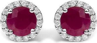 House of Brilliance 10K Gold Gemstone and 1/6 Cttw Diamond Halo Stud Earring in White | Red Ruby at Nordstrom