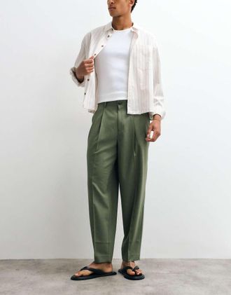 Asos Pantaloni estivi oversize affusolati a pieghe in lana verde oliva