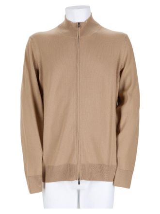 BOSS Brown H-Balonso High Collar Full Zip Virgin Wool Cardigan
