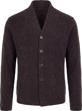 Emporio Armani Dark Brown Virgin Wool-Blend Ribbed Shawl Collar Cardigan