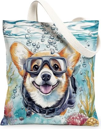 Generic Pop Art Dachshund Dog Canvas Tote Bag for Shopping 13x15, Ocean Sea Nautical Puppy Reusable Grocery Print Bag for Women, Fun Pet Beach Aesthetic Paint