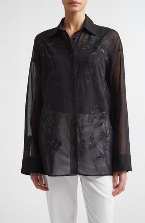 Eleventy Sequin Embroidered Cotton Gauze Button-Up Shirt in 22 Black at Nordstrom, Size 10 Us