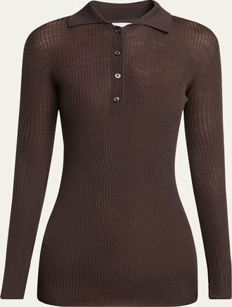 Moncler Long-Sleeve Fine Rib Polo Top