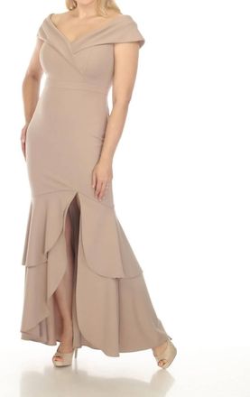 Joseph Ribkoff Off The Shoulder Tiered Hem Evening Dress In Latte