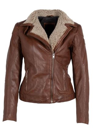 Mauritius Women Jenja Lamb Leather Jacket With Teddy Fur Trim In Dark Cognac