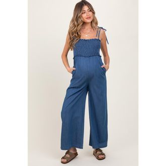 Pinkblush Chambray Shoulder Tie Smocked Jumpsuit in Blue at Nordstrom, Size Medium