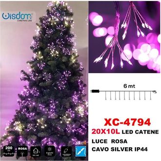 Trade Shop Trade Shop - Catena Luminosa 200 Led 20x10 Luce Rosa Cavo Silver Ip44 Xc-4794