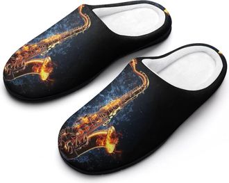 Generic Saxophone Water Fire Womens Slippers Warm House Slippers Indoor House Shoes with Anti-Skid Rubber Sole