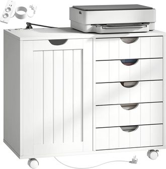 HOMCOM Homcom Mueble Para Impresora Con Estaci&oacute;n De Carga Y Ruedas, Soporte Para Impresora Con 5 Cajones, Puertos Usb, Estante Ajustable, Blanco