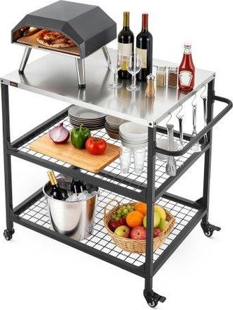 OEM Carro De Barbacoa Para Exterior 800 X 610 Mm, Superficie De Acero Inoxidable, Mesa De Barbacoa Con 4 Ruedas, 2 Estantes De Malla Y Asa Lateral, Mesa A