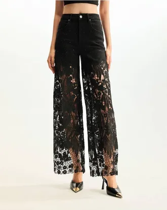 JW PEI Jeans dritti neri con decorazioni in pizzo e cristalli-Nero
