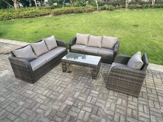Fimous 7 Seater PE High Back Rattan Garden Furniture Set Reclining Chair Lounge 3 Seater Sofa Set Coffee Table in Dark Grey