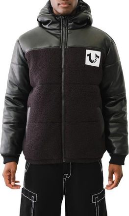 True Religion Fleece & Faux Leather Hooded Puffer Jacket in Jet Black at Nordstrom, Size Medium