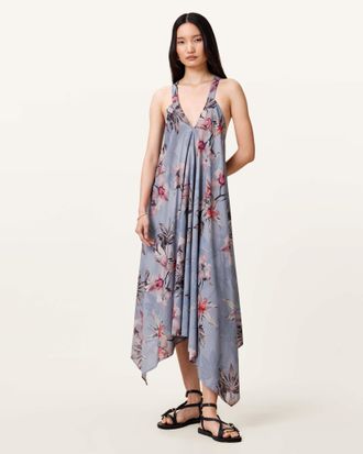 AllSaints Lil Asymmetric Floral Print Midi Dress