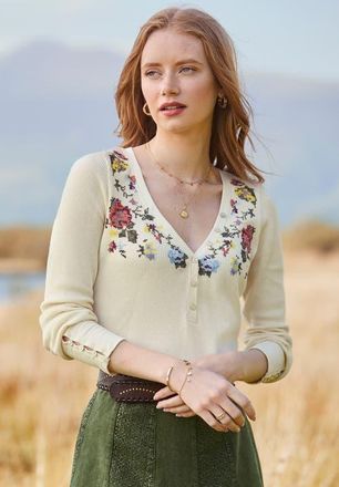 Joe Browns Stretch Cotton Henley Tee in Cream Floral Embroidery at Nordstrom, Size Medium