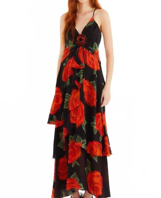 Farm Rio Latin Roses Flower Layered Maxi Dress In Black