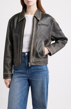 Frye Distressed Leather Bomber Jacket in Black at Nordstrom, Size X-Large