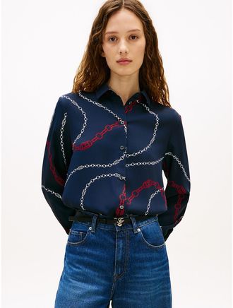 Tommy Hilfiger Womens Relaxed Fit Chain Print Crepe Shirt - Navy - XL