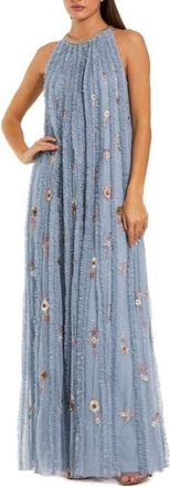 Mac Duggal Mesh Trapeze High Neck Dress With Embroidery in Blue Multi at Nordstrom, Size 18