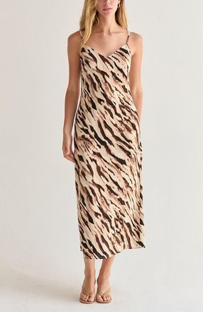 Crescent Abstract Animal Print Midi Slip Dress in Brown at Nordstrom, Size X-Small