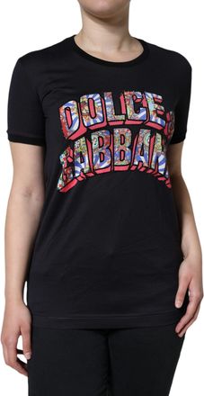 Dolce & Gabbana Womens Black Cotton Logo Print Round Neck T-Shirt