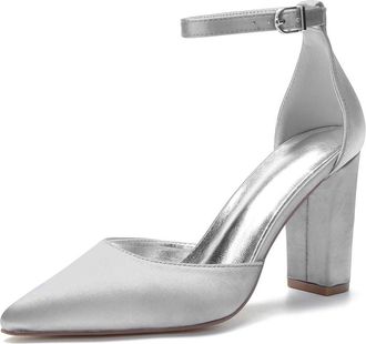 Generic Wedding Bridal Shoes Womens Elegant Chunky Block Heel Pointed Toe Court Pumps 9Cm Bridal Party Pumps Shoes for Dress Occasions,Silver,10 UK