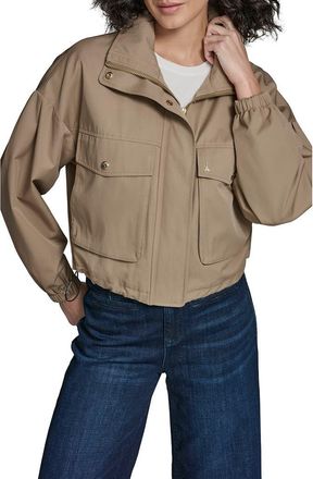 Karl Lagerfeld Water Resistant Crop Cotton Blend Bomber Jacket in Khaki at Nordstrom, Size X-Small