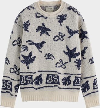 Scotch & Soda Men & apos;s Bird Jacquard Dropped Shoulder Crewneck Sweater