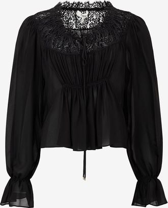 Chlo&eacute; Geraffte Seidengeorgette- und Spitzenbluse