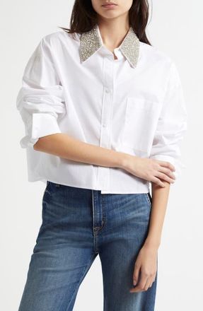 TWP Little Big Joe Crystal Embellished Cotton Button-Up Shirt in White at Nordstrom, Size X-Small