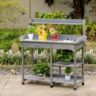 TJ Hughes Outsunny Garden Potting Table Wooden Workstation w/ Metal Tabletop - Drawer - Shelves - TJ Hughes