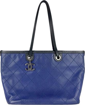 Chanel Black Blue Grained Calfskin Shoulder Bag Tote Bag (Pre-Owned)